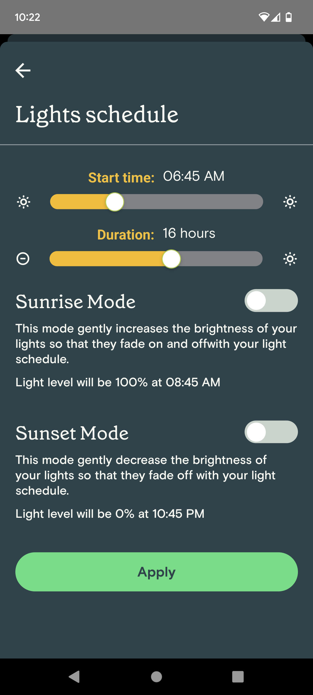Lighting options are updated to include sunrise/sunset options