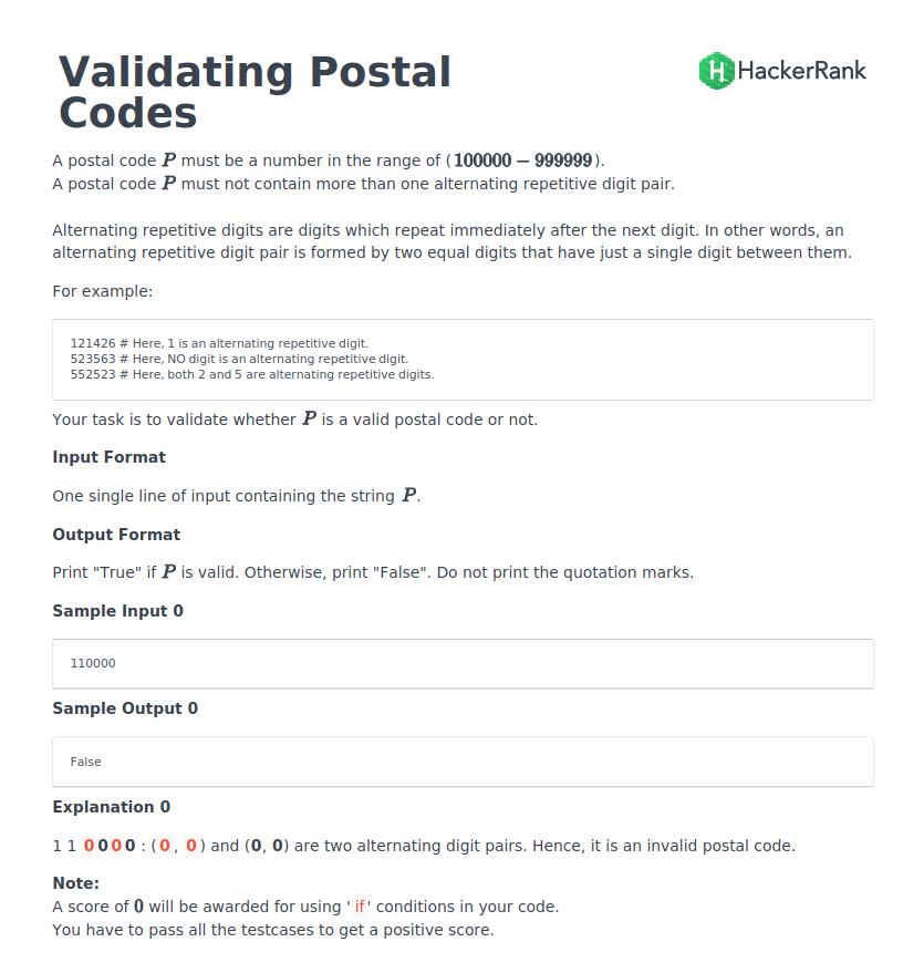 HackerRank - Validating Postal Codes Prompt