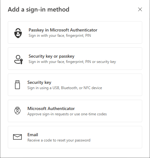 Options to pick from for adding a new signin method. For this, select Microsoft Authenticator