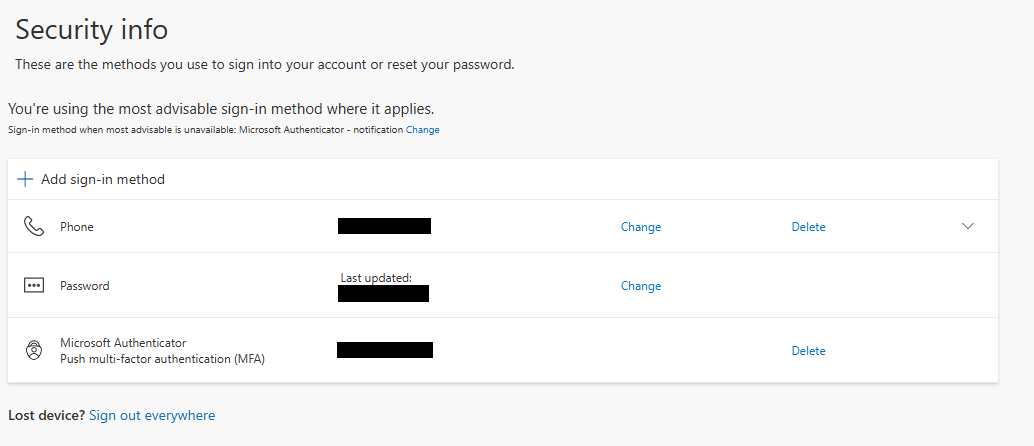 Microsoft security information page showing my current MS Authenticator device