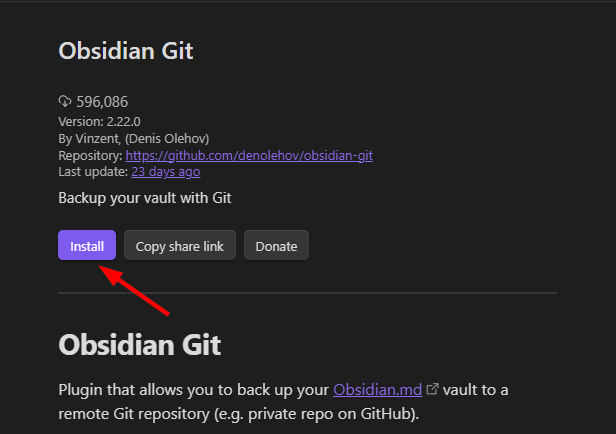 Install the Obsidian Git plugin by clicking the install button