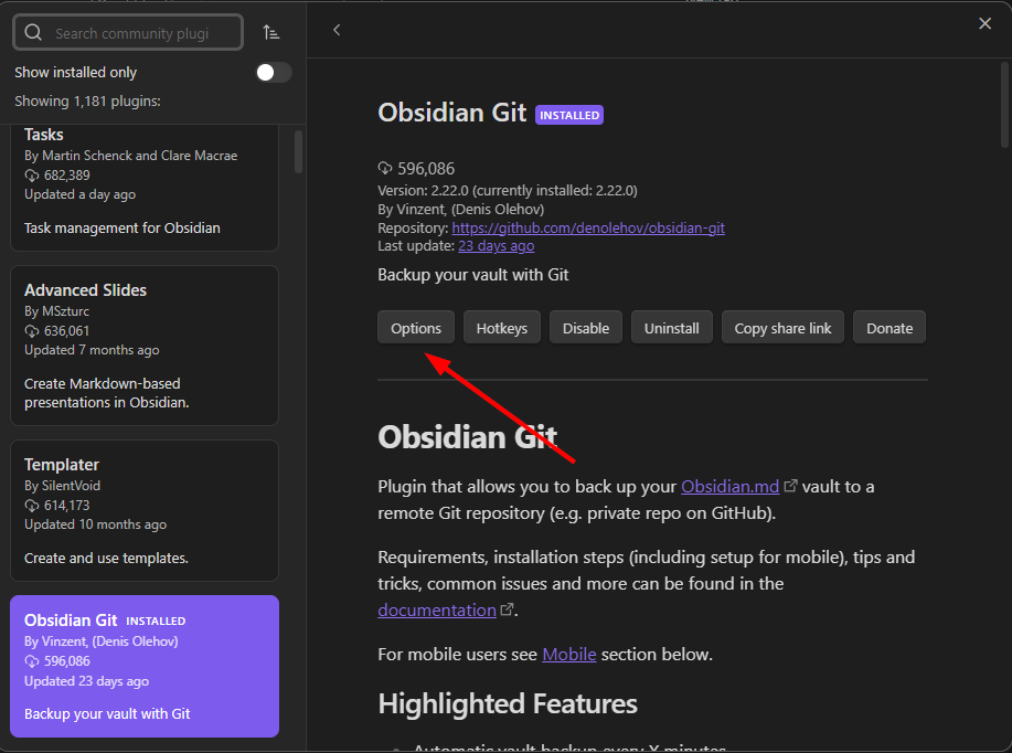 Obsidian Git plugin configuration options