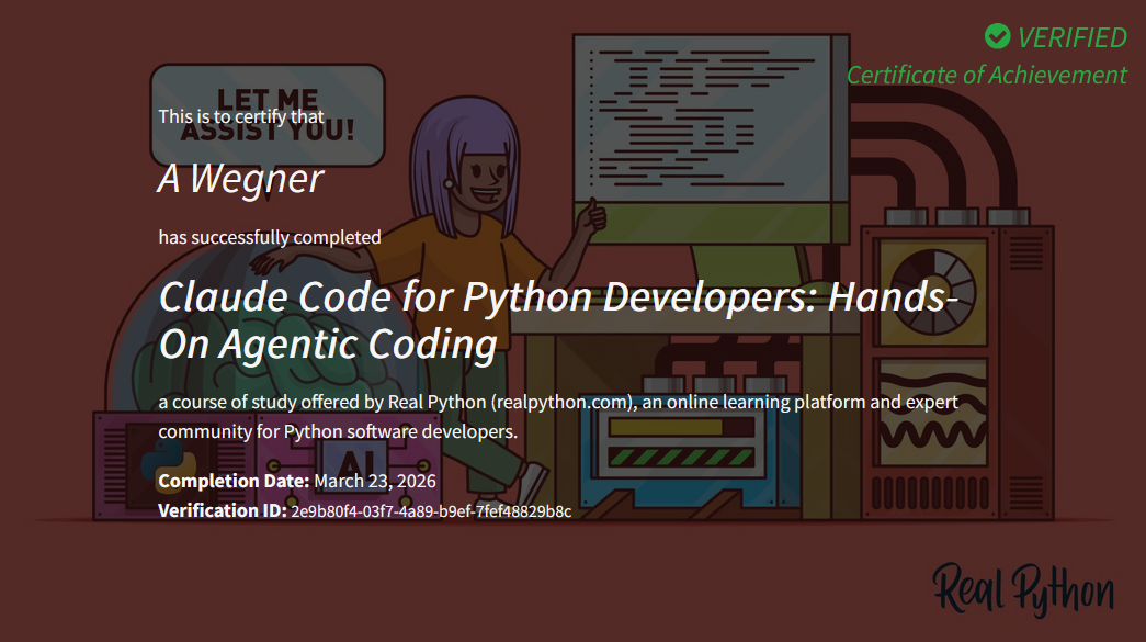 Real Python Claude Code for Python Developers: Hands-on Agentic Coding certificate of completion