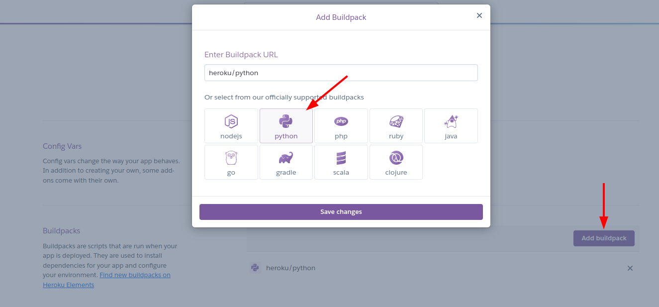 Add Python buildpack - Settings / Add buildpack / Python