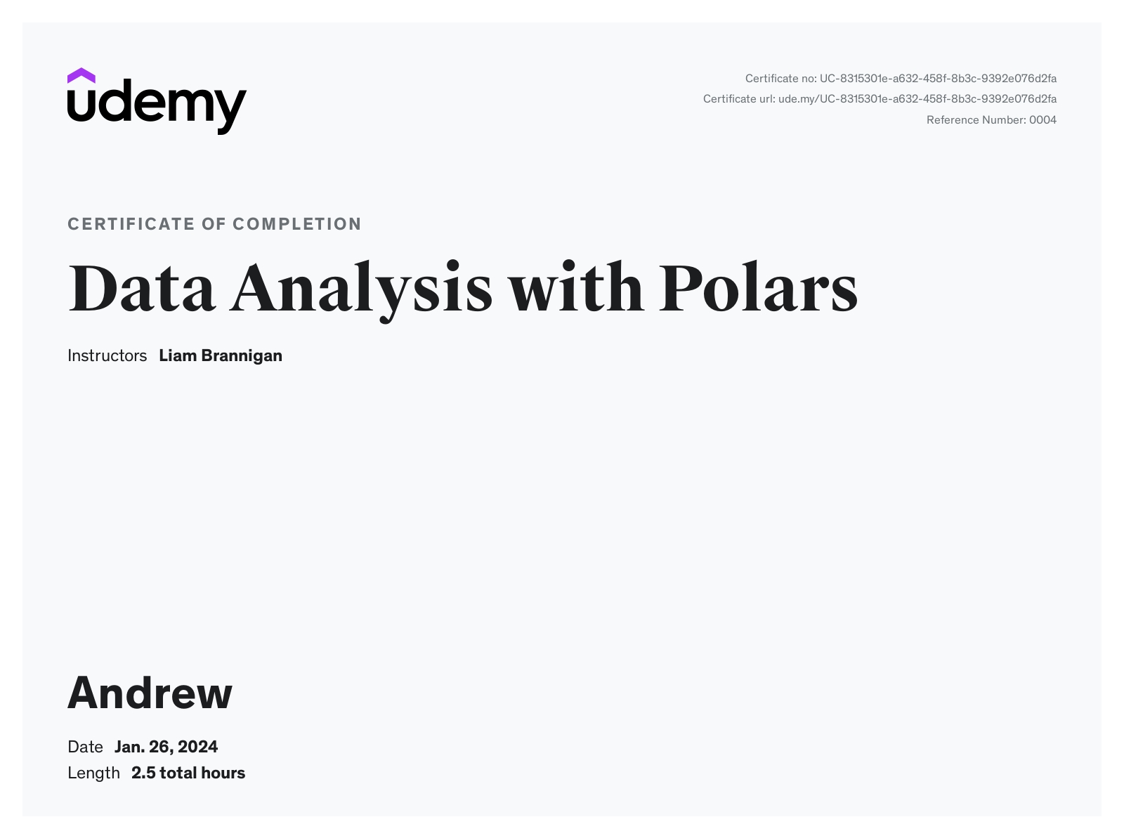 Data Analysis with Polars Completion Certificate