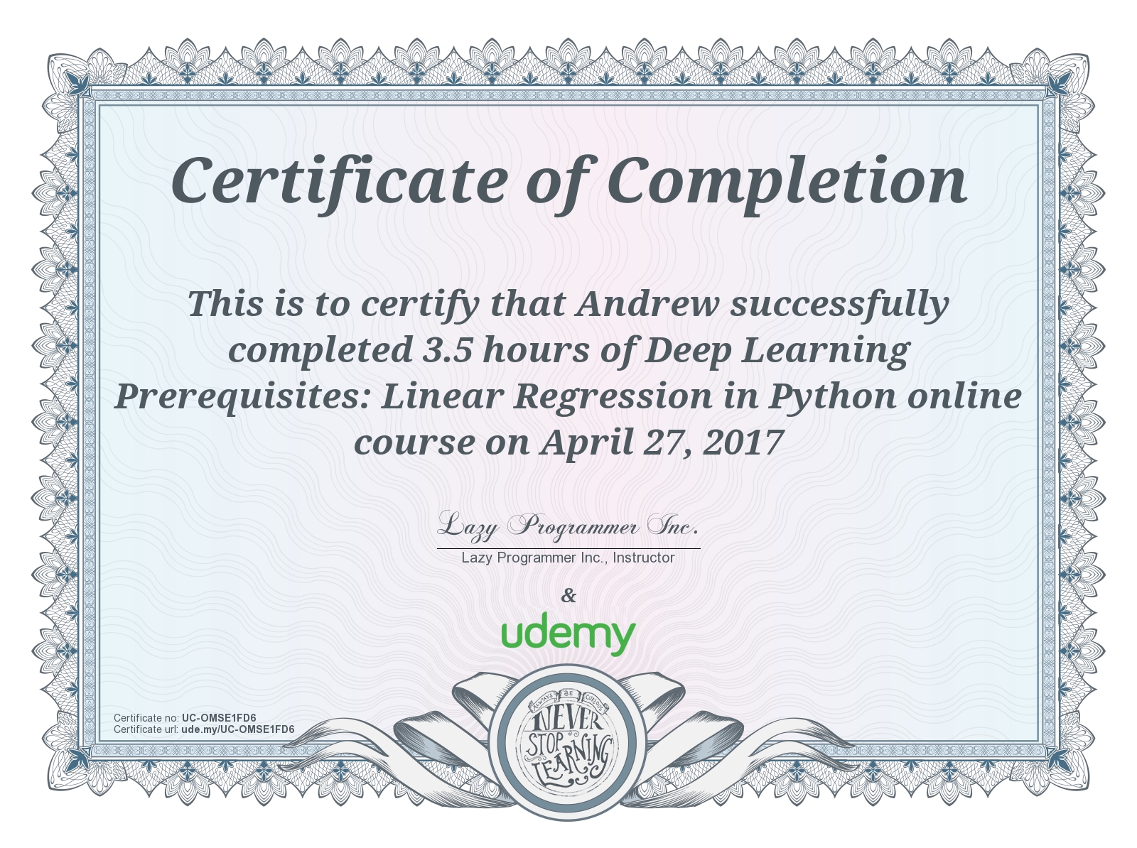 Linear Regression Completion Award