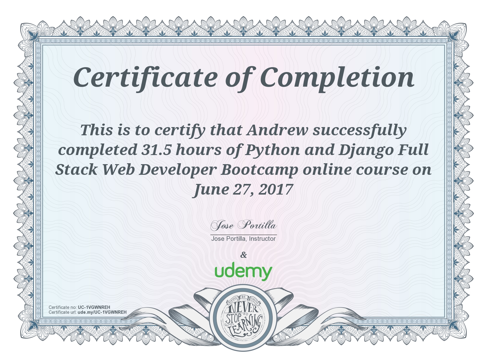 Python and Django Full Stack Web Developer Bootcamp Award