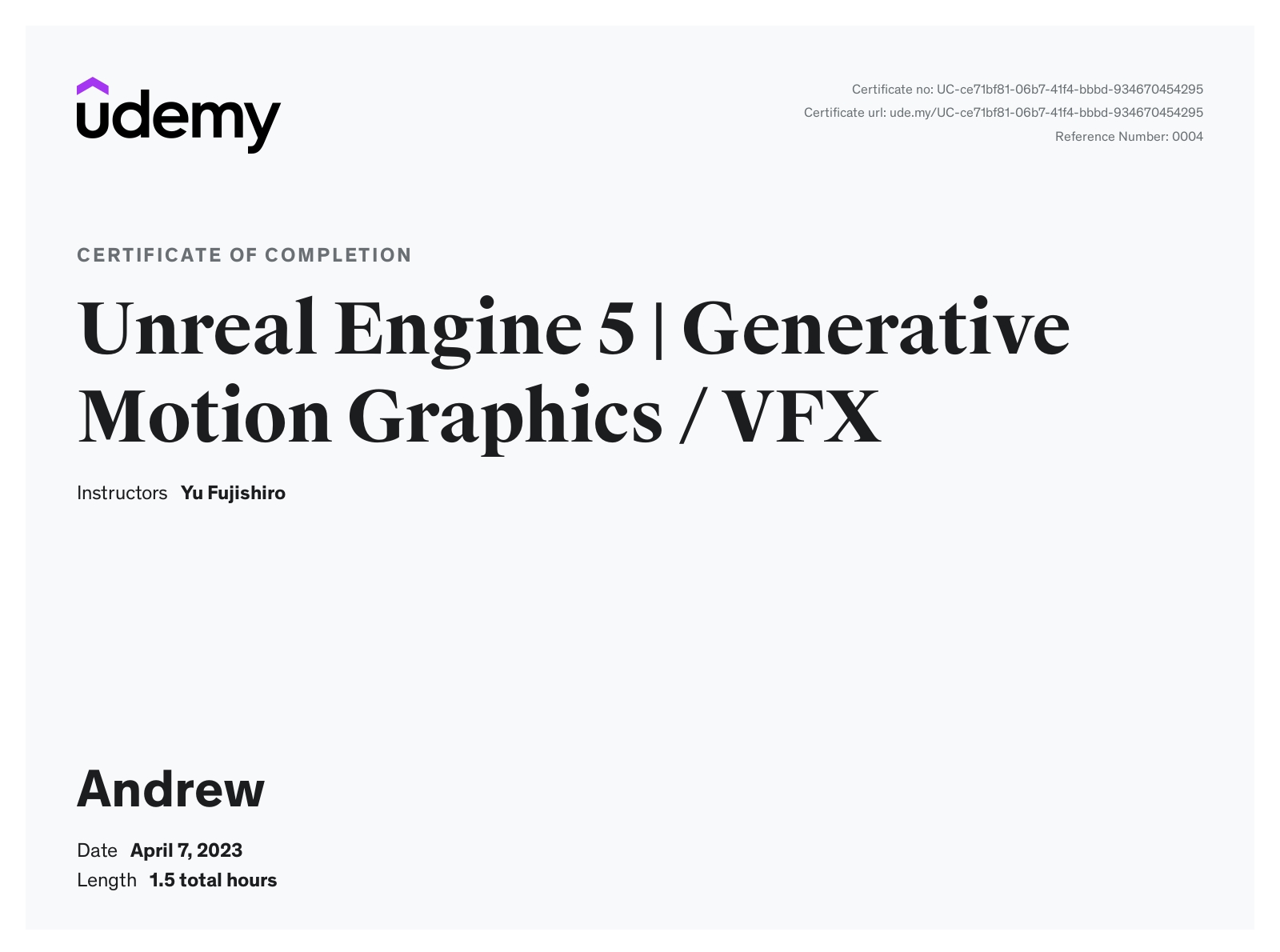 Unreal Engine 5 | Generative Motion Graphics / VFX Completion Certificate