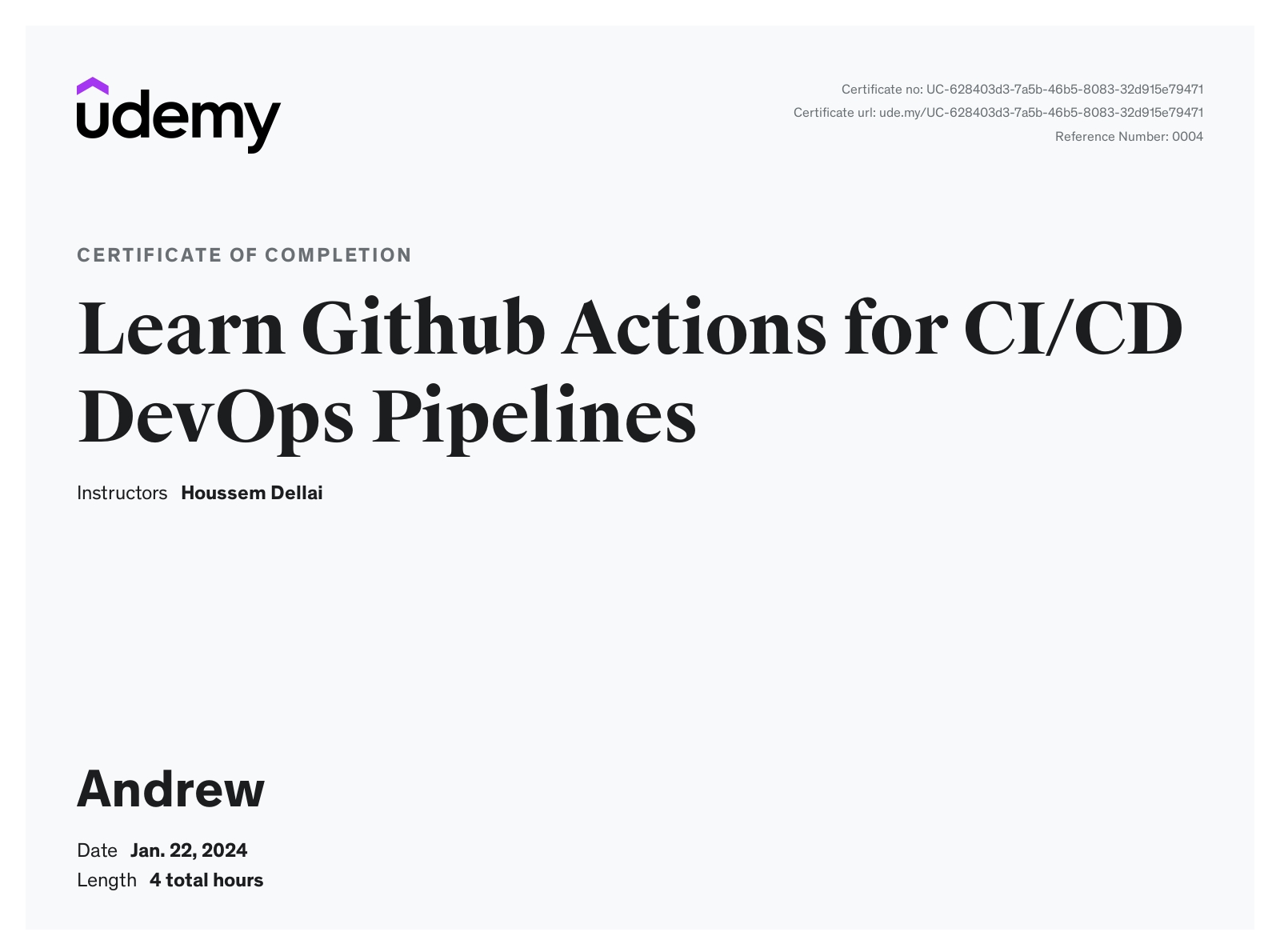Learn Github Actions for CI/CD DevOps Pipelines Completion Certificate