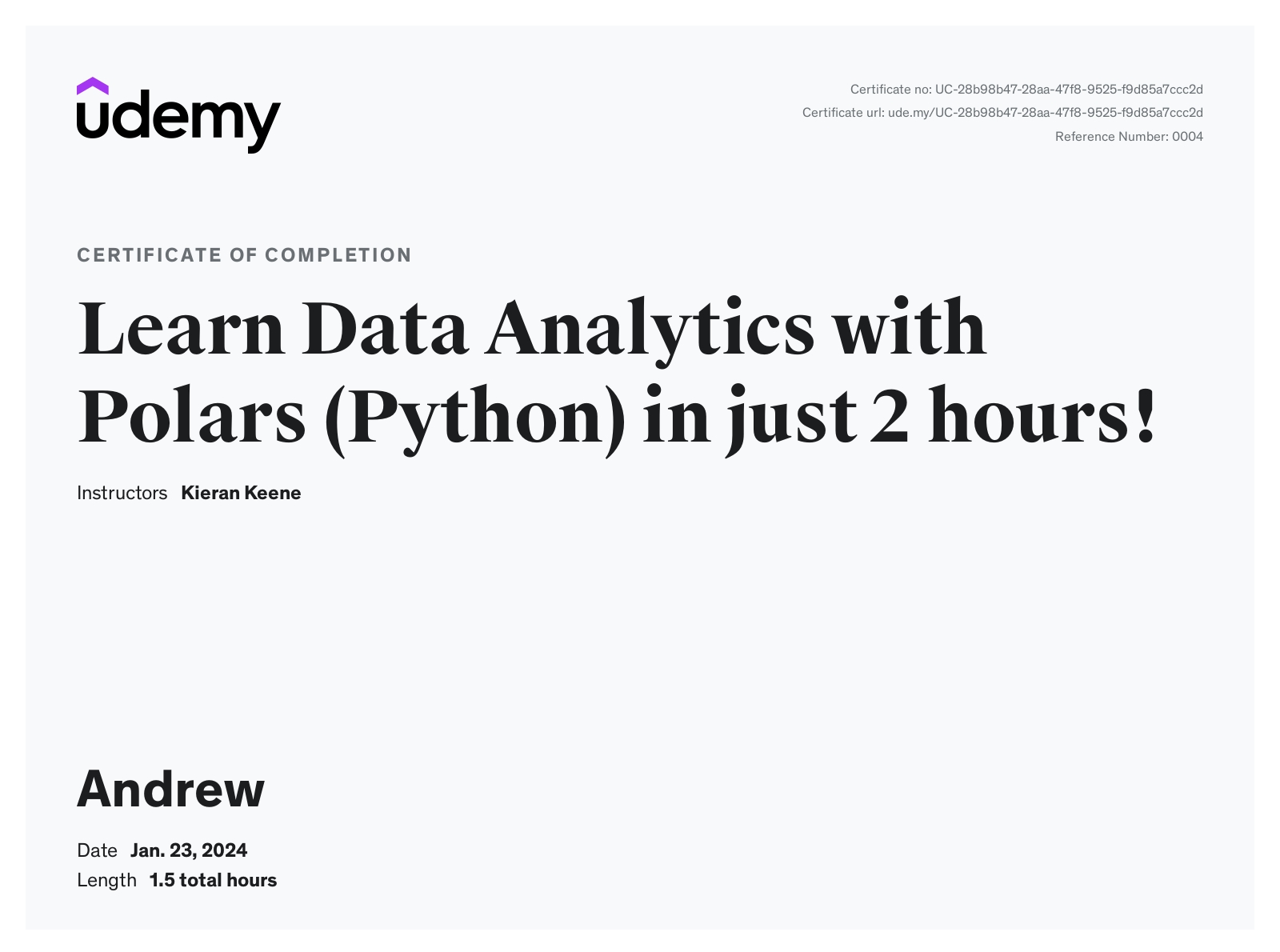 Learn Data Analytics with Polars (Python) in just 2 hours! Completion Certificate
