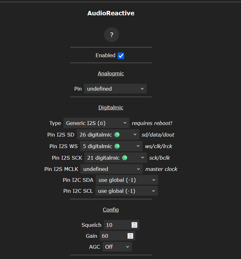 Correct audio settings for Ericsity controller. Pin 26 for SD, Pin 5 for WS and Pin 21 for SCK