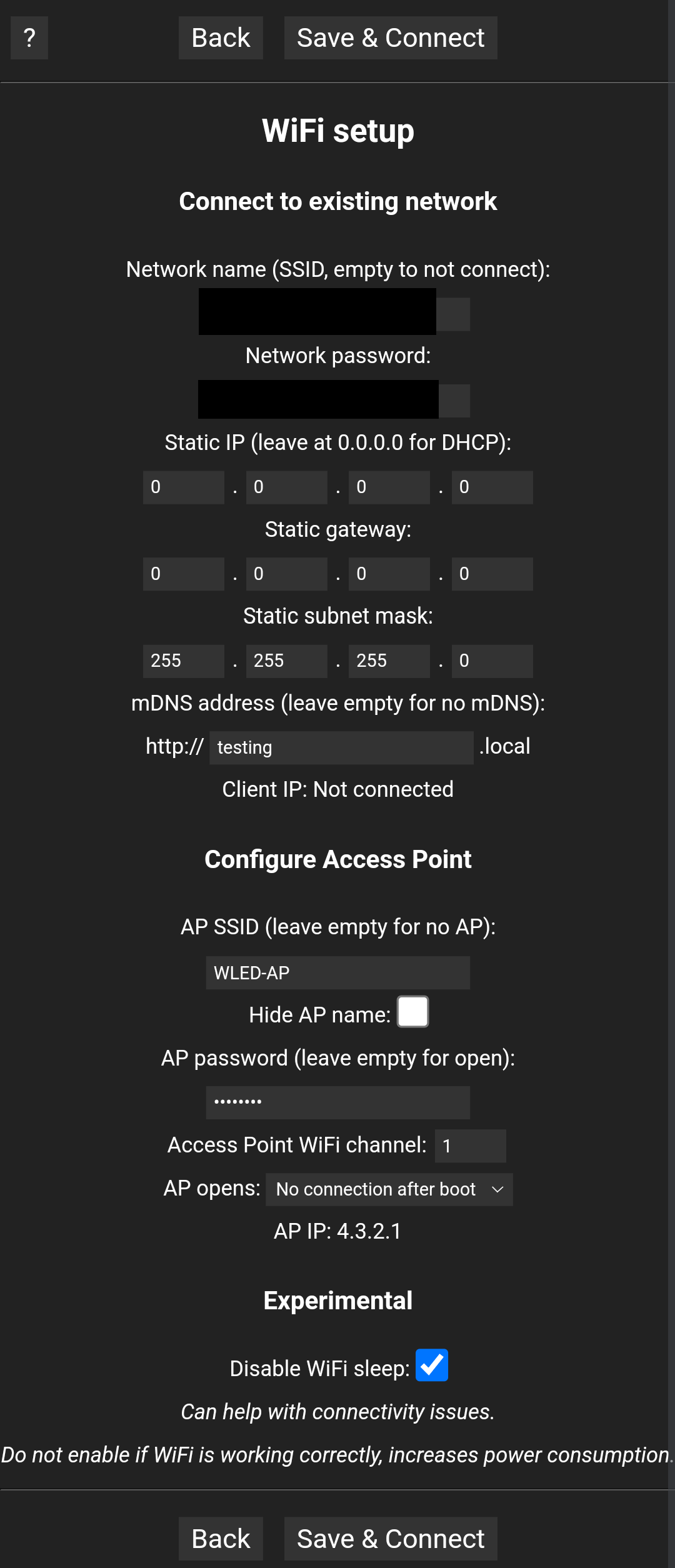 WLED network set up page