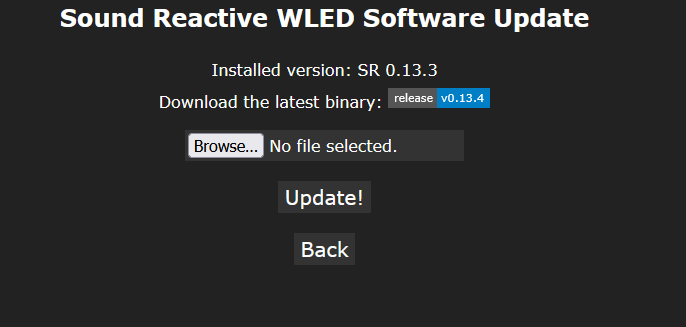 WLED Sound Reactive update page showing that upgrades are only available through version 0.13.4